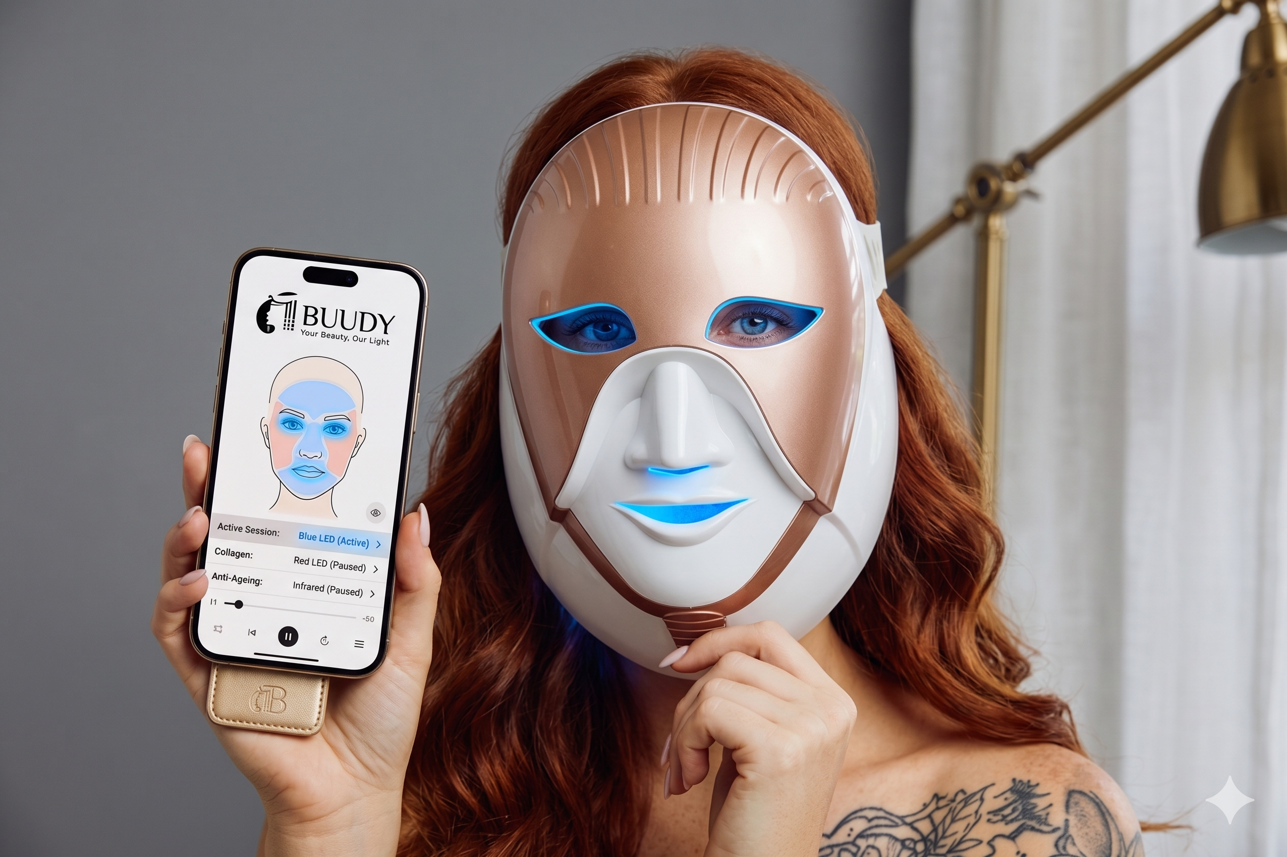 Person wearing the Buudy LED Mask while holding the app